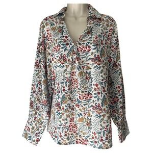 Le Bazar Coastal Floral Popover Long Sleeve Blouse Medium 100% Cotton